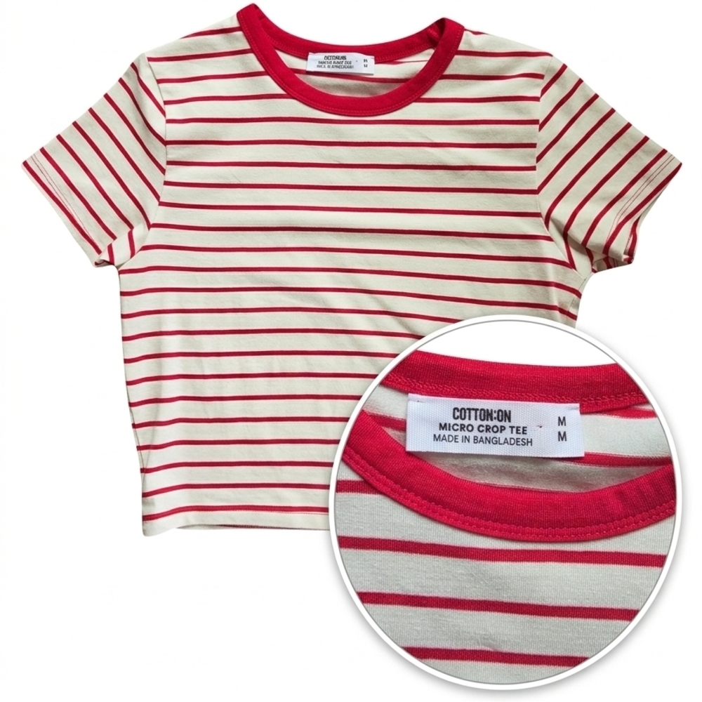 Cotton On Micro Crop Ringer Tee – Red & White Stripes